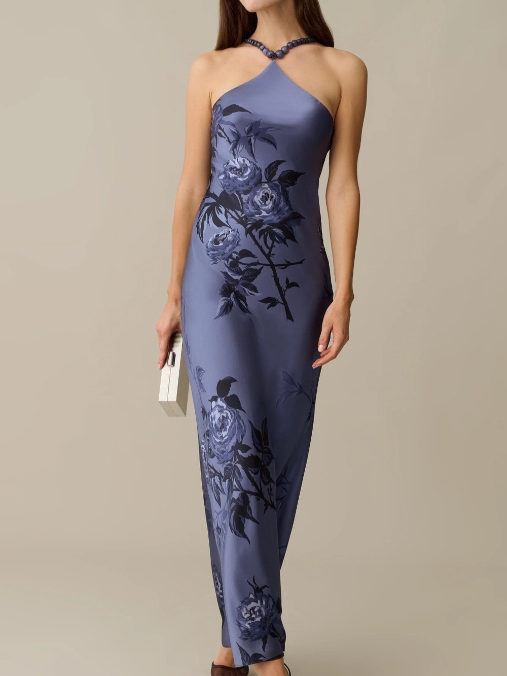 Few Moda O.P.T. Silk Sculpted Slate Blue Floral Halter Maxi Dress